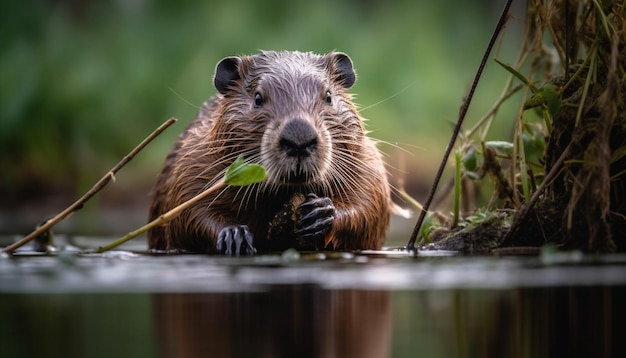 Foto gratuita nutria esponjosa comiendo hierba junto al estanque generada por ia