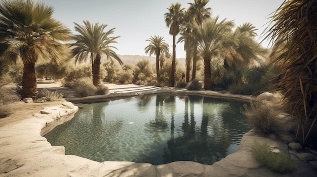 Oasis parecido a un espejismo con palmeras y una piscina resplandeciente en el árido desierto