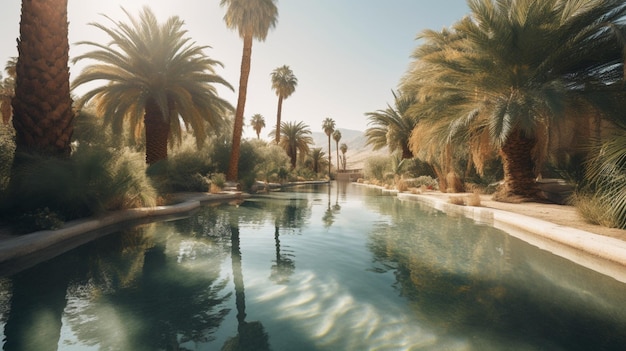 Oasis parecido a un espejismo con palmeras y una piscina resplandeciente en el árido desierto