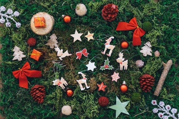 Objetos de navidad en césped