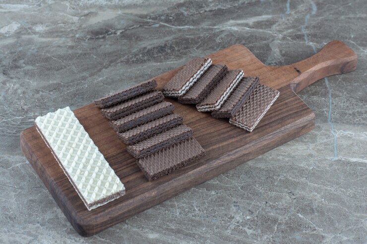 Foto gratuito obleas dulces deliciosas en tabla de cortar de madera.