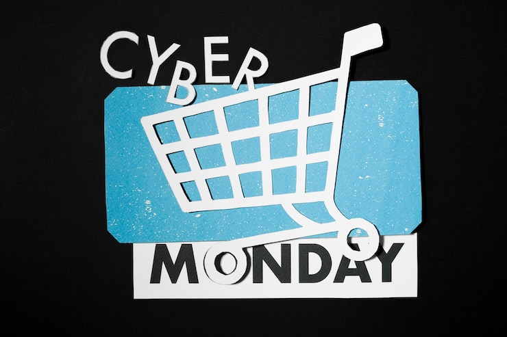 Foto gratuito oferta cyber monday en una manta de papel azul