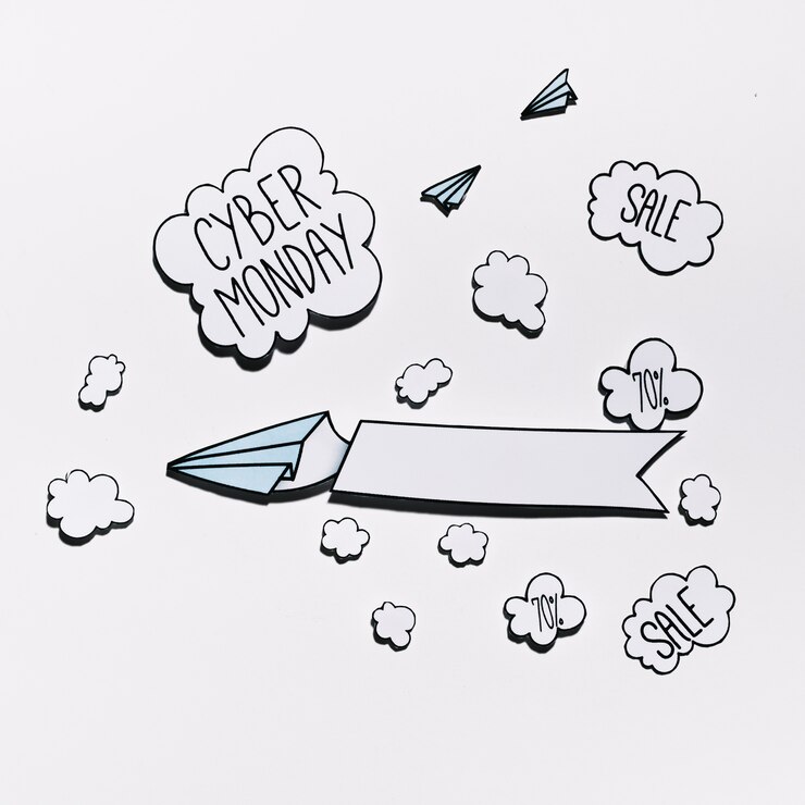 Foto gratuito oferta cyber monday en nubes de papel con aviones