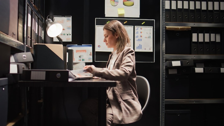 Foto gratuito oficial de la ley buscando en los archivos del caso