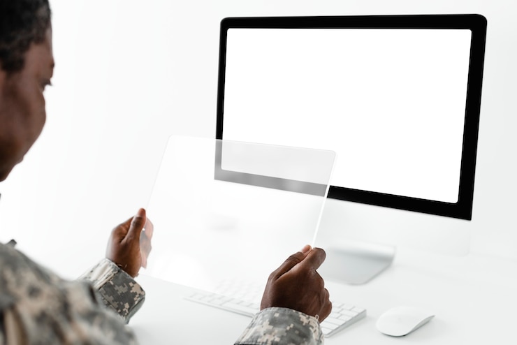 Foto gratuito oficial militar con tecnología del ejército de tableta transparente