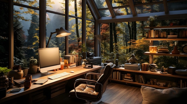 Foto gratuita oficina en casa realista con fondo virtual con vista a la ventana