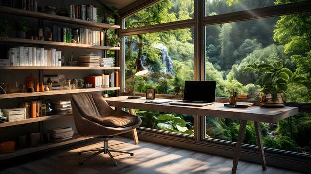 oficina en casa realista con vista a la ventana