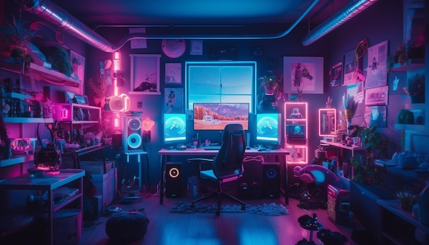 Oficina futurista iluminada por equipos de iluminación azul por la noche generados por IA