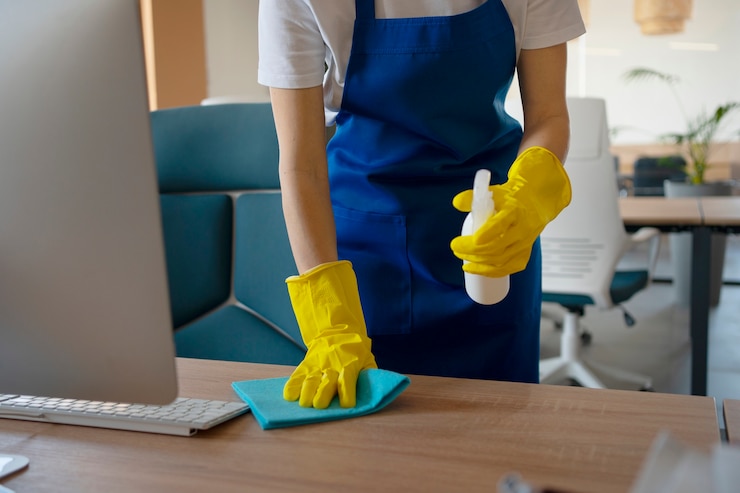 Foto gratuito oficina de limpieza de persona de servicio de limpieza profesional