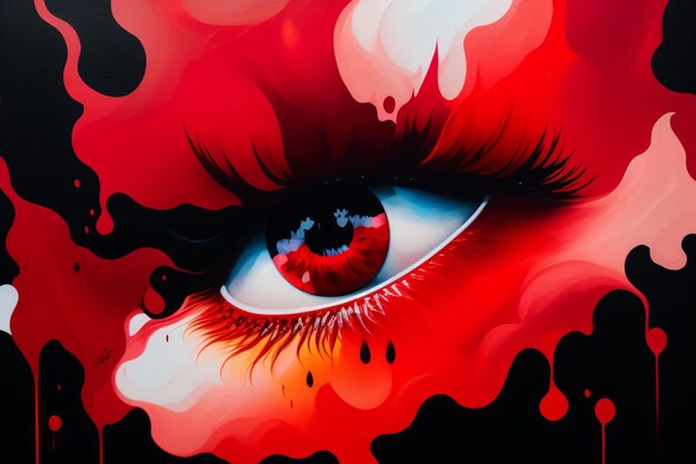 Un ojo rojo con ojos rojos y pintura roja.