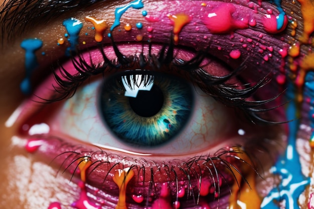 Un ojo con salpicaduras de pintura de colores de primer plano