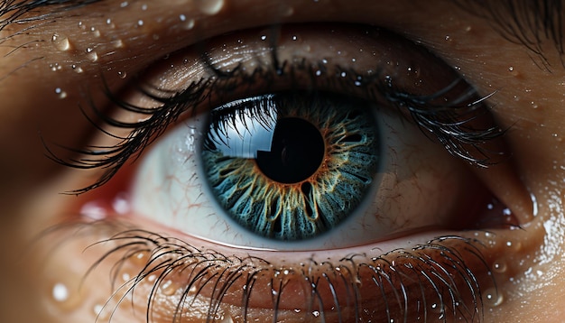 Ojos azules mirando la belleza reflejada en el iris de una persona generado por inteligencia artificial
