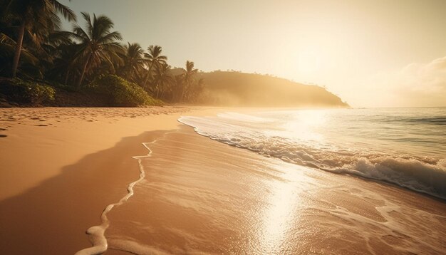 Las olas del atardecer tropical chocan contra el balanceo de las palmeras generadas por IA