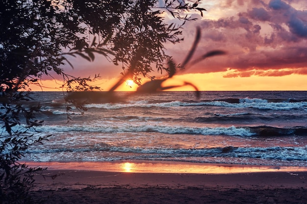 Olas oceánicas, increíble cielo nublado, hermosa puesta de sol. paisaje marino de noche