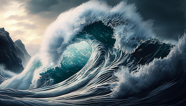 Las olas rompientes rocían la majestuosa costa al atardecer IA generativa