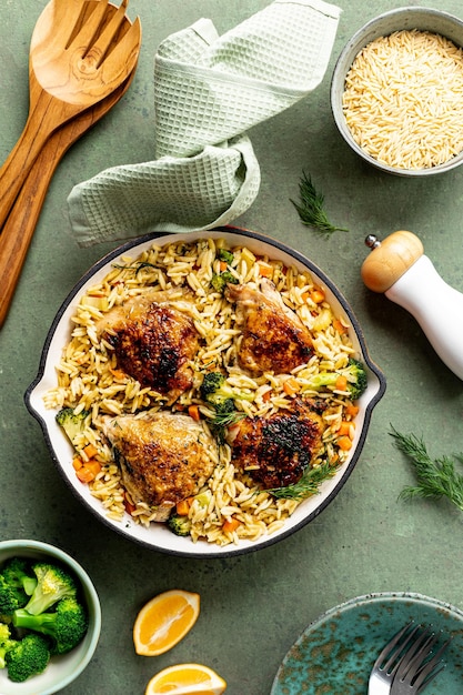 Foto gratuita una olla de pollo y una sartén de orzo