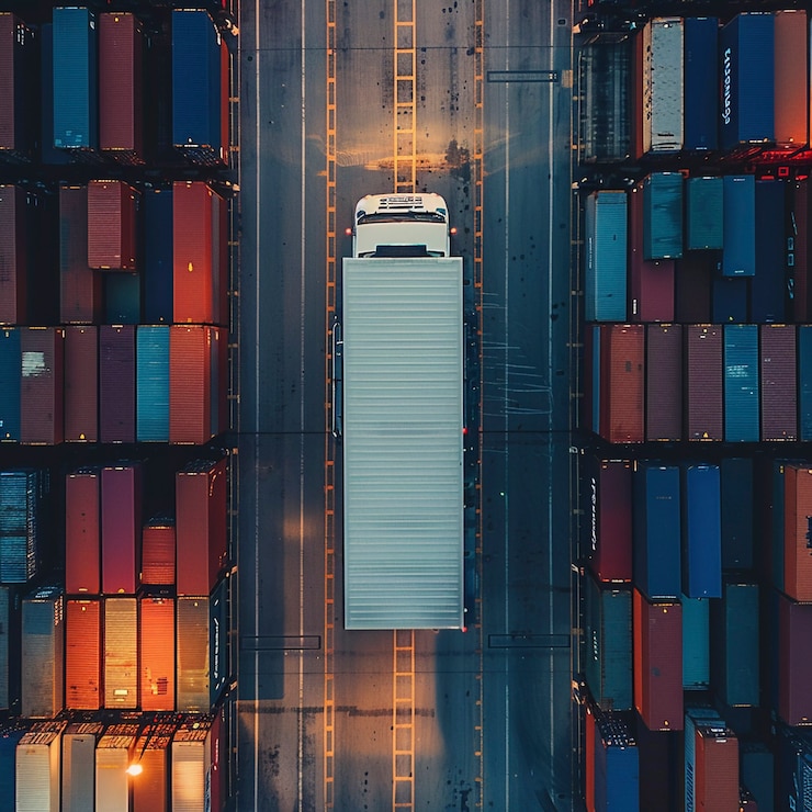 Foto gratuito operación de camiones y logística al anochecer