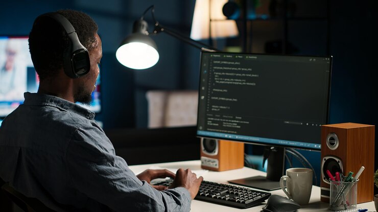 Foto gratuito operador de red actualizando el guión y combinando el código html con el lenguaje de ti