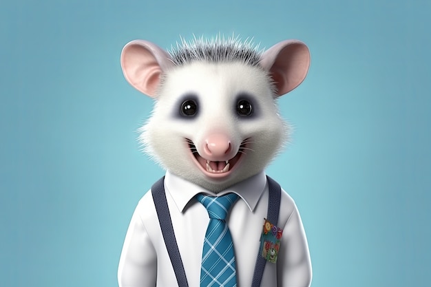 Opossum linda con un traje lindo en el estudio