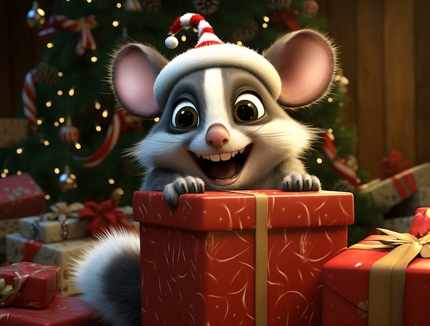 Foto gratuita un opossum lindo celebrando la navidad