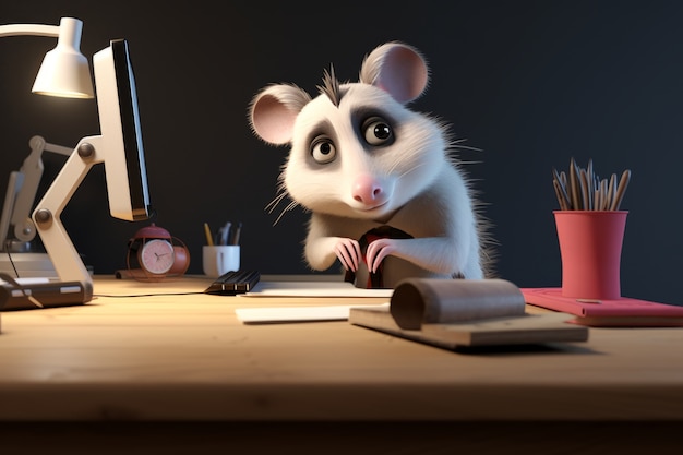 Opossum lindo con una computadora