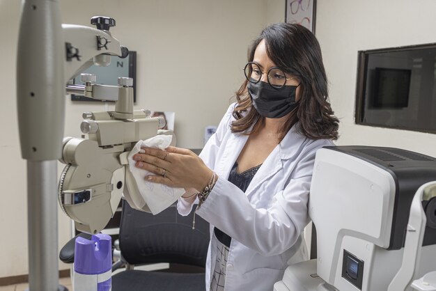 Optometrista con mascarilla desinfectante equipo especial para el cuidado de los ojos: el nuevo concepto normal