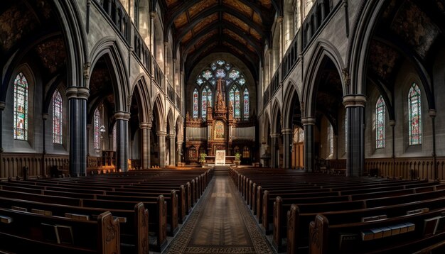 Oración silenciosa en majestuosa capilla de basílica gótica generada por IA