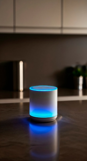 Orador inteligente con iluminación azul en la cocina moderna