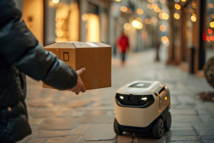 Photo Gratis orang dewasa berinteraksi dengan robot pengantar barang futuristik