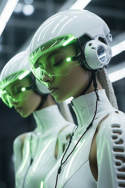 Orang futuristik mendengarkan musik menggunakan headphone ultra modern