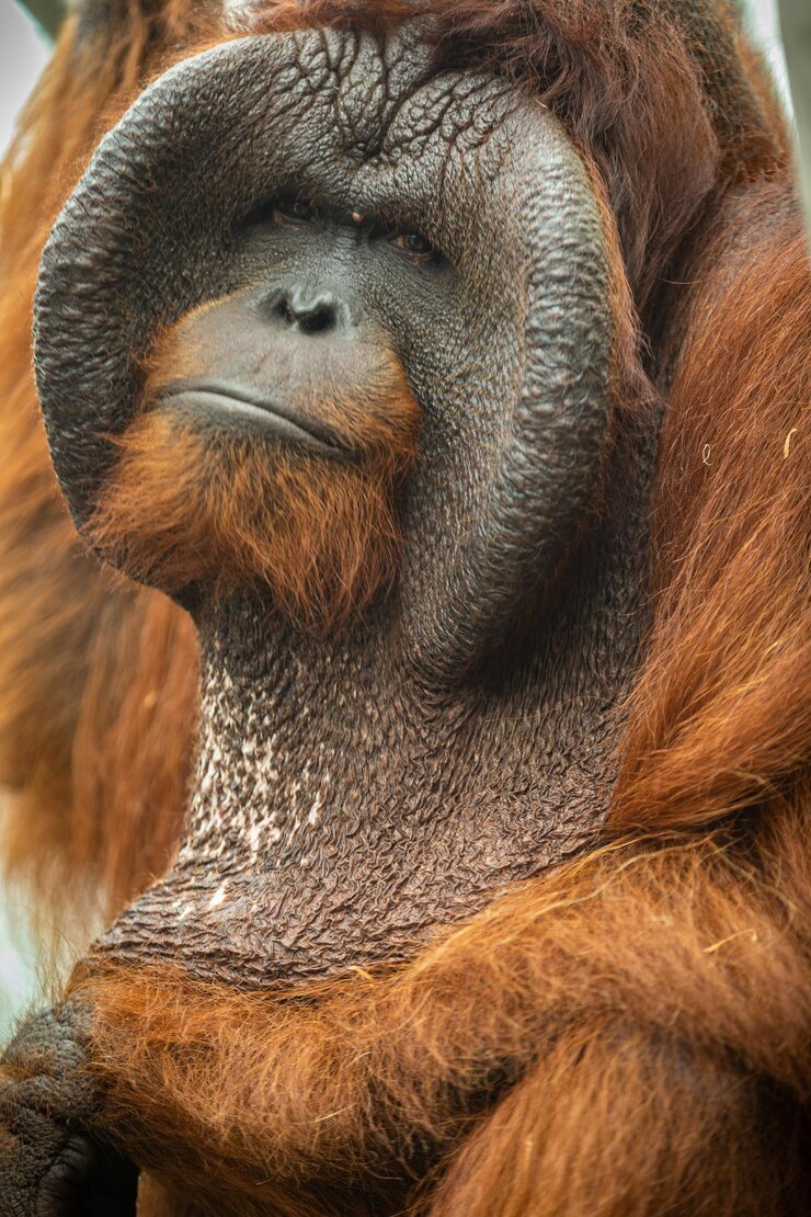 Foto gratuito orangután de borneo en peligro de extinción en el hábitat rocoso pongo pygmaeus animal salvaje detrás de las rejas hermosa y linda criatura