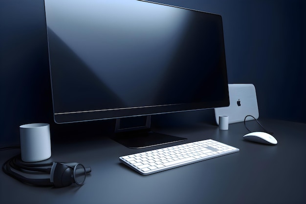 Foto gratuita ordenador en la mesa con teclado y ratón 3d renderizar fondo negro