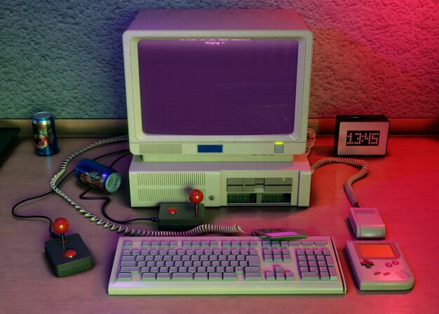 Ordenador retro en el arreglo de escritorio