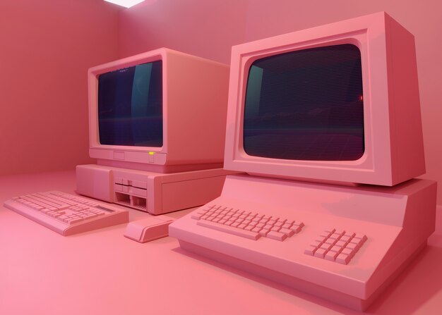 Ordenador retro en el arreglo de escritorio