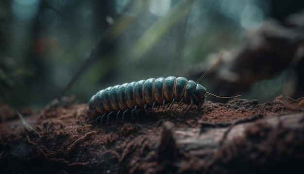 Oruga arrastrándose sobre hojas verdes en el bosque generada por IA