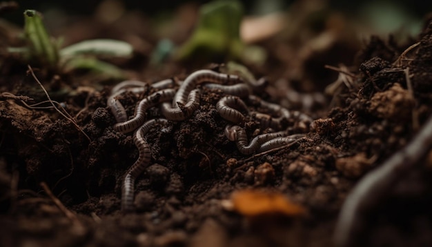 Oruga que se arrastra come planta verde en el bosque generada por IA