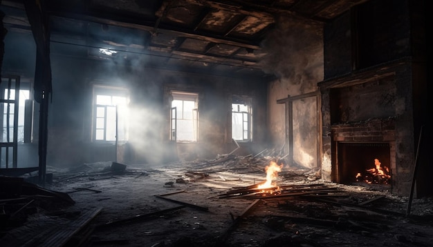 Oscura fábrica abandonada ardiendo en un infierno ardiente generado por IA