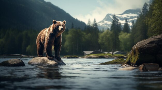 Un oso en la orilla de un río en las montañas