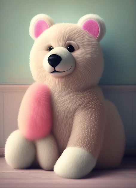 Un oso de peluche con nariz rosa se sienta en un piso de madera.