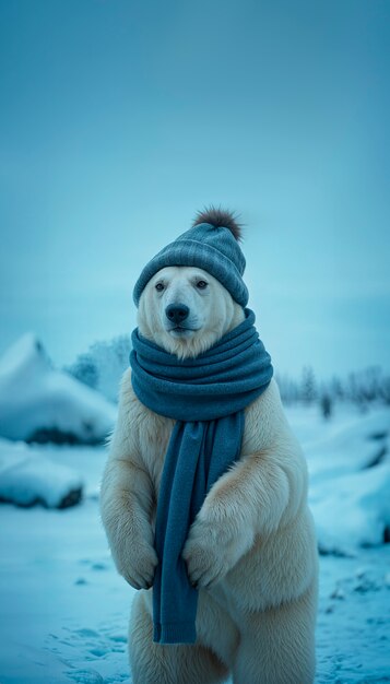 Oso polar con bufanda y sombrero en invierno