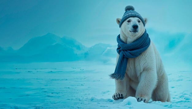 Oso polar con bufanda y sombrero en invierno