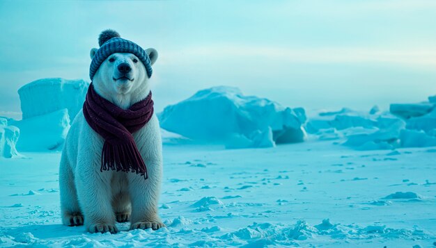 Oso polar con bufanda y sombrero en invierno