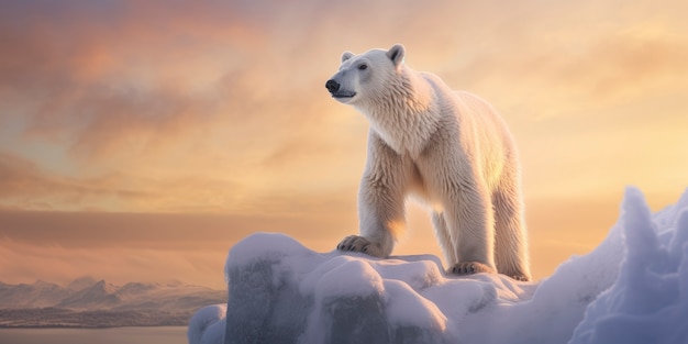 El oso polar en la cima de un campo nevado