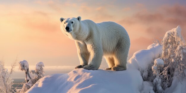 El oso polar en la cima de un campo nevado