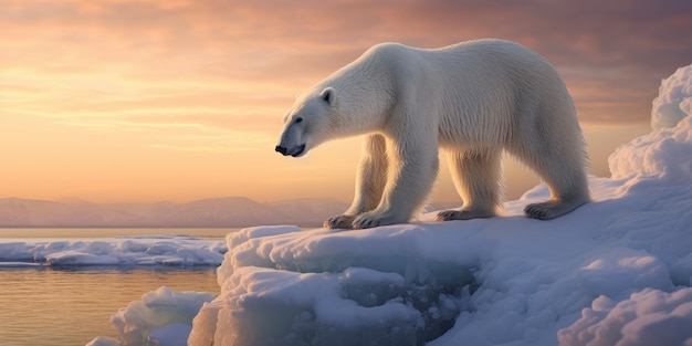 El oso polar en la cima de una mancha de hielo nevado