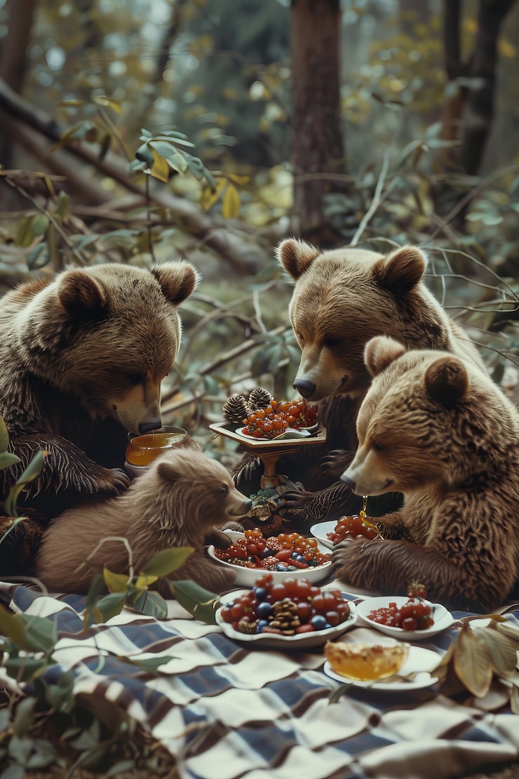 Foto gratuito los osos disfrutan de un picnic al aire libre