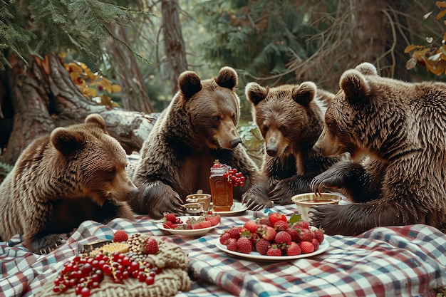 Foto gratuita los osos disfrutan de un picnic al aire libre