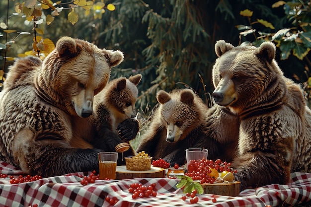 Foto gratuita los osos disfrutan de un picnic al aire libre