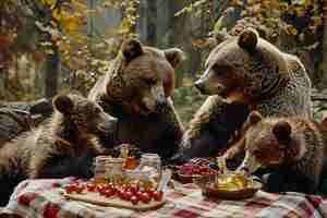 Foto gratuita los osos disfrutan de un picnic al aire libre