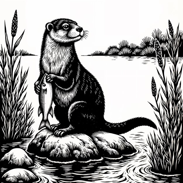 Otter on a rock holding a fish in a river